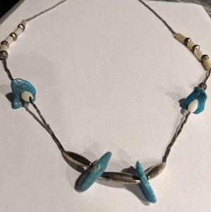 Turquoise, silver, and beaded necklace